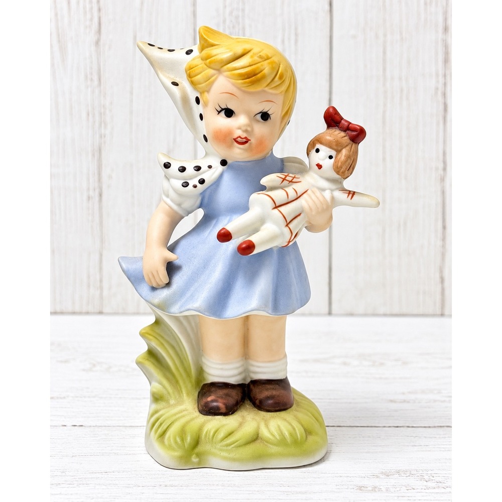 Vintage Style Girl Figurine Bisque Porcelain Holding Rag Doll Blue Dress 5"